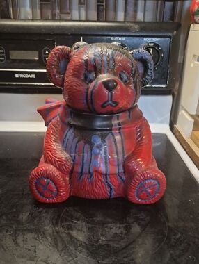 Red and Black Striped Teddy Bear Cookie Jar - Custom Vintiage 1of A Kind